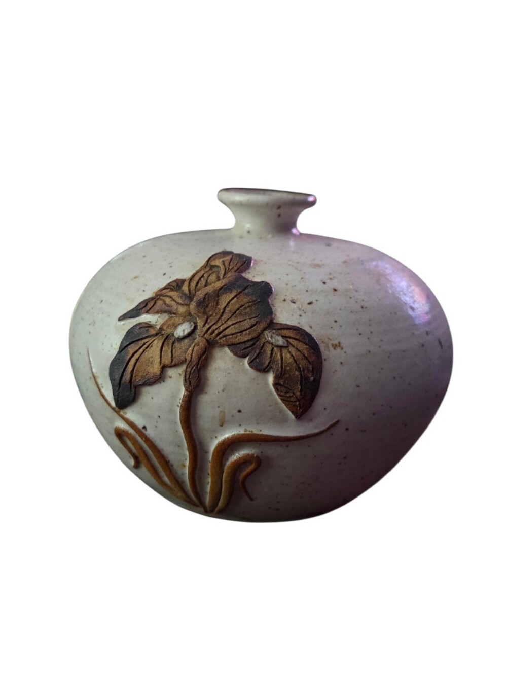 Vintage Handcrafted Speckled Cream Floral Pottery Vase with Raised Brown Accent